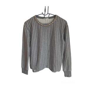 Gray Pinstripe Sweater with rhinestone neck detail